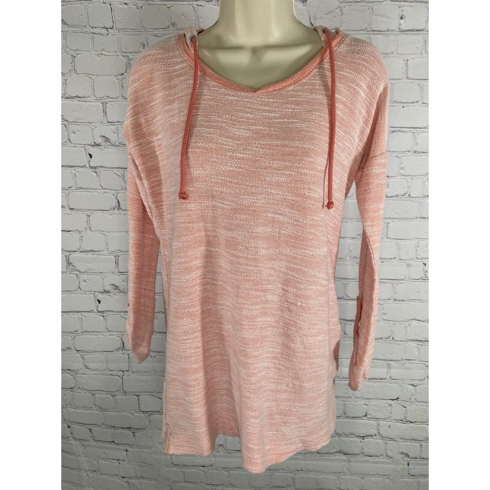 Columbia Pink Hooded Pull Over Sweater Long Roll Tab Sleeve S/P